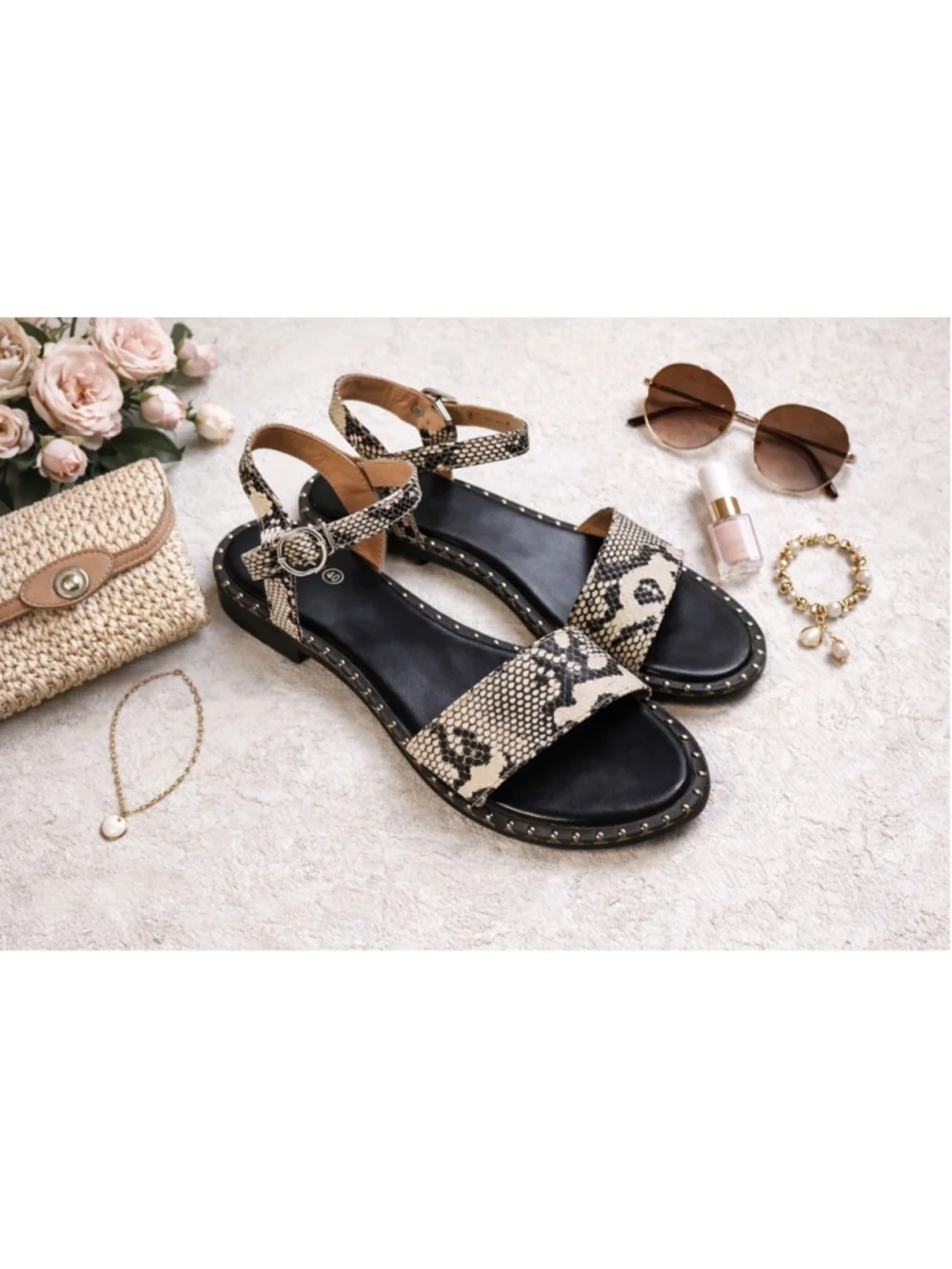 Women's SHE & IN Sandals Size 40 Black and White Snake Print Summer